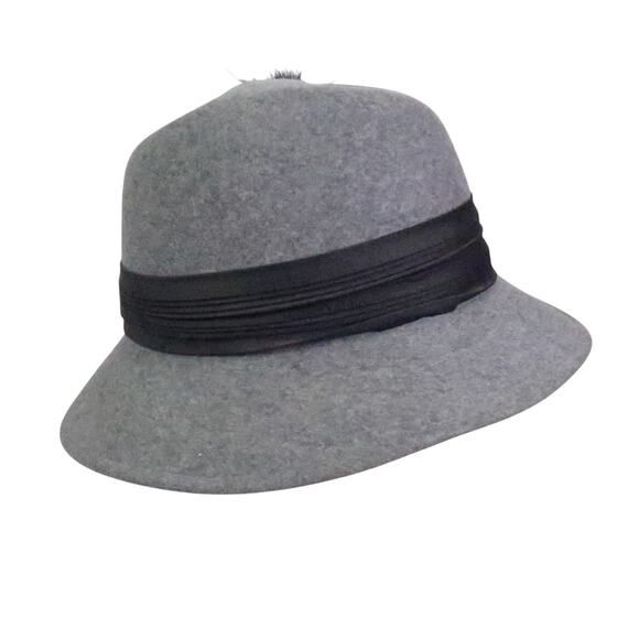 Vintage 60s Tally-Ho Grey Felt Wool Cloche Fedora Hat w/ Feather main image 5